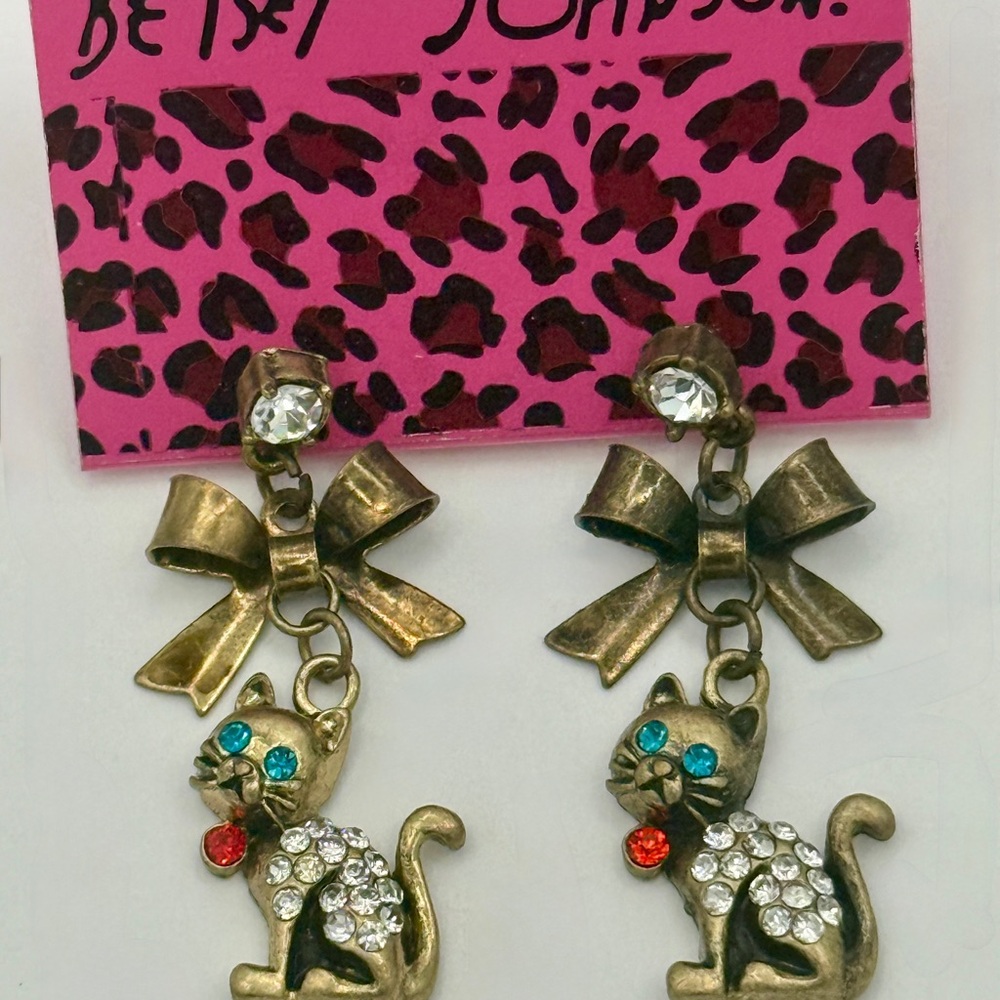 Betsey Johnson Gold Cat Earrings with Rhinestones